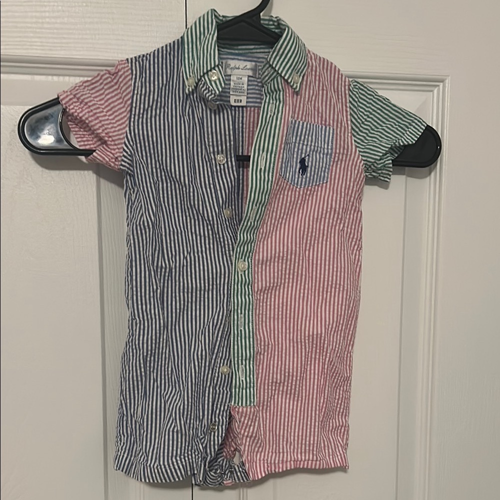 Ralph Lauren Pink and Green Button Down Romper with Color-Block Design